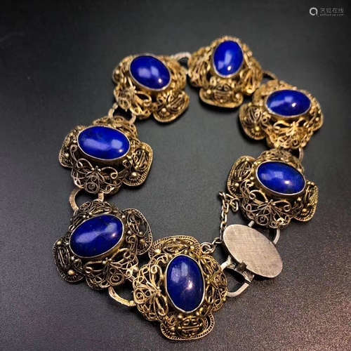 Chinese Gilt Silver Wire Bracelet With Lapis