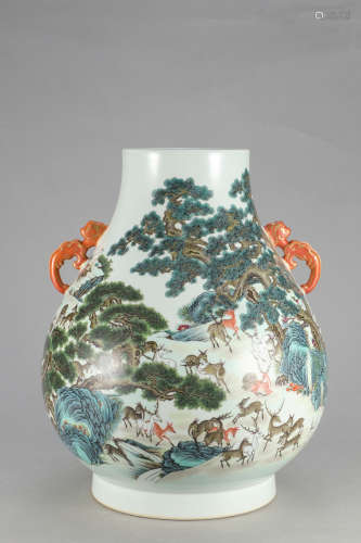 Chinese Famille Rose Hundred Deer Porcelain Vase