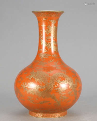 Chinese Gilded Coral Glazed Porcelain Vase