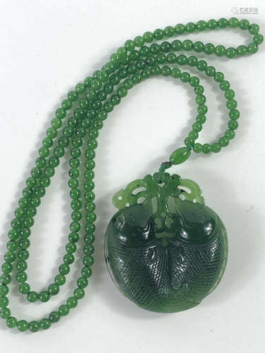 Chinese Spinach Jade Fish Pendant And Necklace