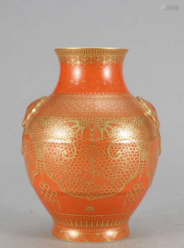 Chinese Gilded Coral Glazed Porcelain Vase