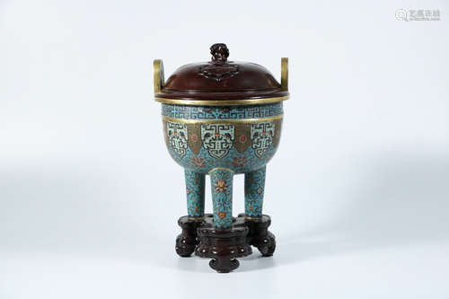 Chinese Cloisonne Tripod Censer With Cover