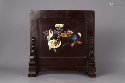 Chinese Lacquer Wood Table Screen With Inlaid