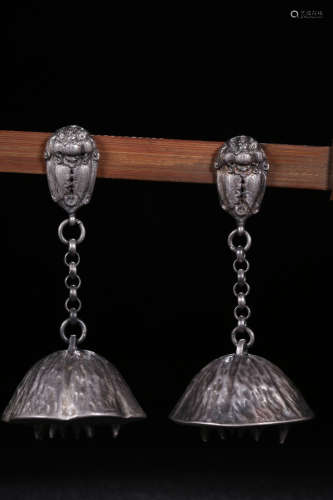 Chinese Silver Lotus Root Earrings, Pair
