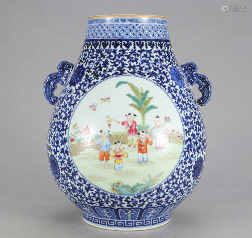 Chinese Blue White Famille Rose Porcelain Vase, Ma