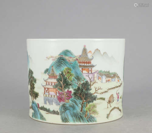 Chinese Famille Rose Porcelain Brush Pot, Marked