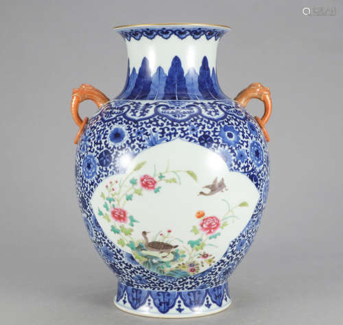 Chinese Blue White Famille Rose Porcelain Vase, Ma