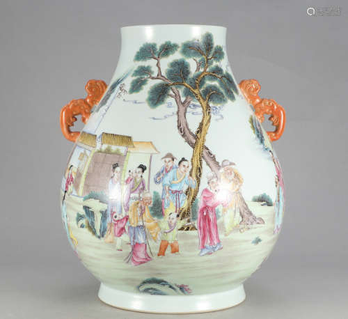 Chinese Famille Rose Twin Ear Zun Porcelain Vase
