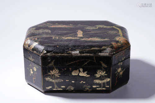 Chinese Lacquer Wood Cover Box With Inlaid
