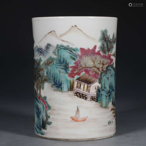 Chinese Famille Rose Porcelain Brush Pot, Marked