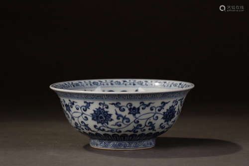 Chinese Blue White Foliage Porcelain Bowl, Marked