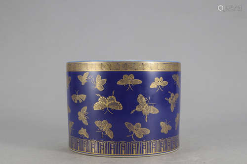 Chinese Gilded Blue Glazed Porcelain Brush Pot