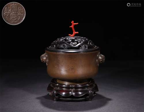 A XUANDE YEAR MADE COPPER BODY AND CORAL TOP INCENSE BURNER