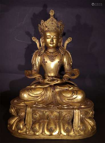 A QING DYNASTY BRONZE GILDED MANJUSRI BODHISATTVA