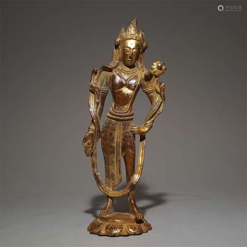 A MING DYNASTY BRONZE GILDED SILVER LOTUS FLOWER HAND GUANYIN