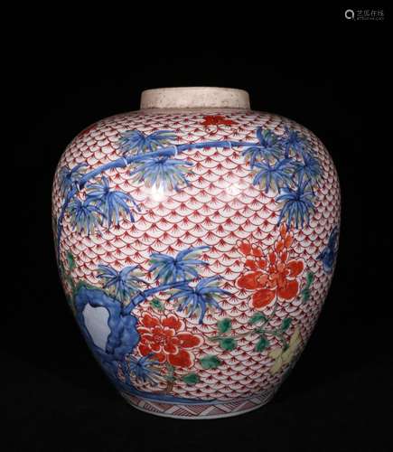 A QING SHUNZHI DYNASTY BLUE AND WHITE COLORFUL POT