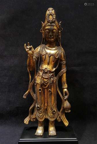 A YUAN DYNASTY BRONZE GILDED GOLD VASE GUANYIN