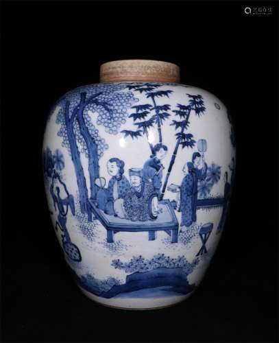A QING DYNASTY BLUE AND WHITE FIGURE POT