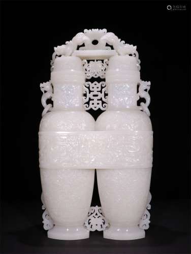 A QING DYNASTY WHITE JADE DOUBLE LOTUS VASE