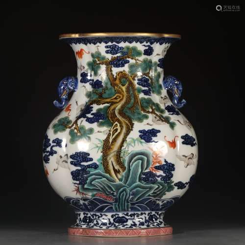 A QING QIANLONG STYLE BLUE AND WHITE FAMILLE ROSE PINE CRANE LIVE WITH ELEPHANT EARS ZUN