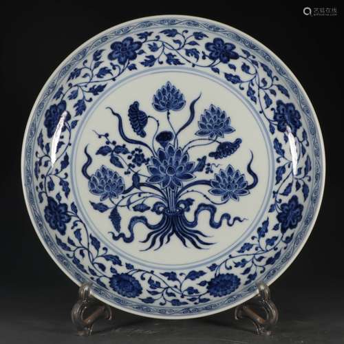 A QING YONGZHENG STYLE BLUE AND WHITE LOTUS PLATE