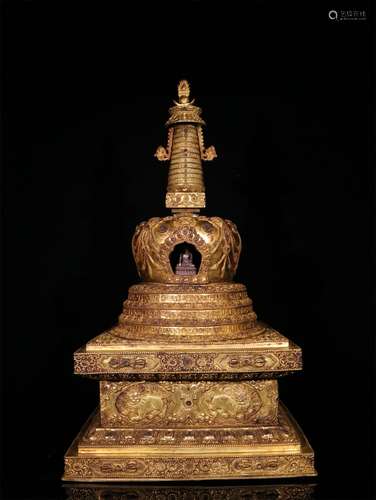 A MING DYNASTY BRONZE GILDED PAGODA