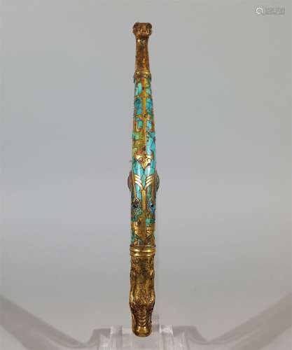 A HAN DYNASTY BRONZE GILDED INLAID WITH TURQUOISE DRAGON BELT HOOK