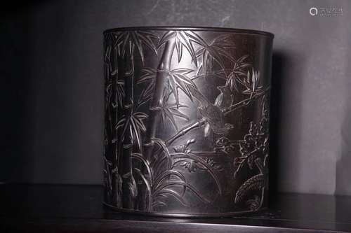 A Chinese Rosewood Brush Pot With Bamboo And Chrysanthemum