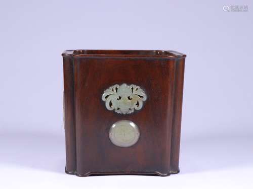 A Chinese Rosewood Brush Pot Embeded With Jade