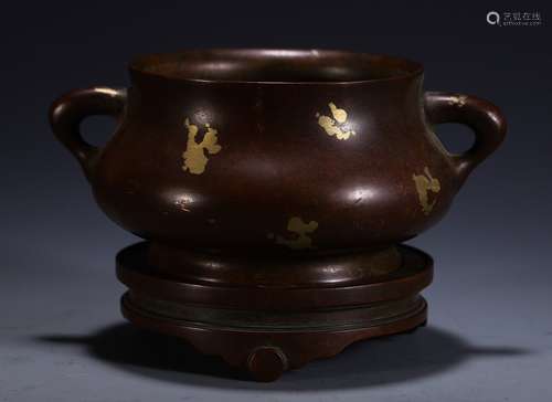 A Chinese Bronze Ear Censer Carved With Gold