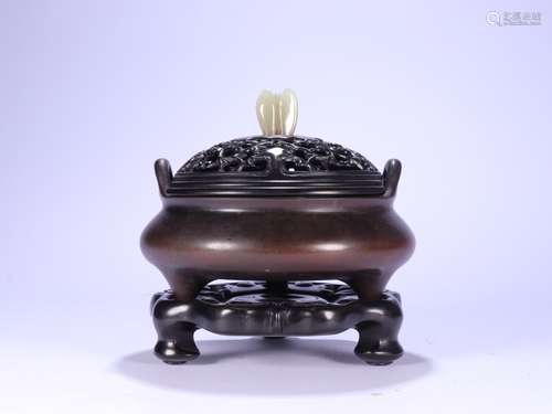 A Chinese Bronze Censer Decorated Jade Roof