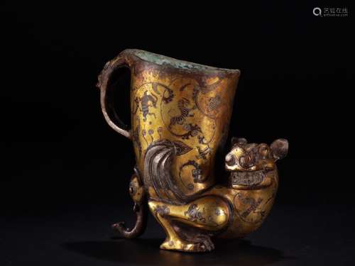 A Chinese Silver Beast Vessel With Golden Painting