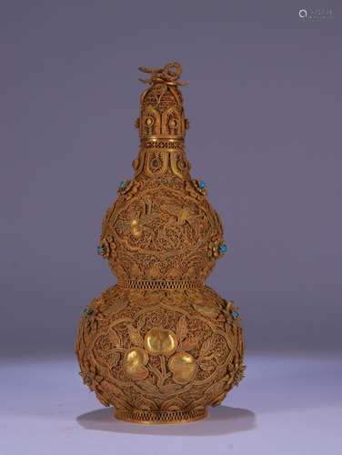 A Chinese Gilt Silver Gourd Vase With Flower Pattern