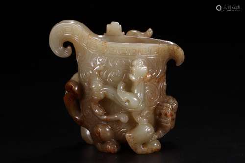 A Chinese Hetian Jade Vessel With Dragon Carving