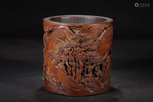 A Chinese Bamboo Brush Pot With Scene Pattern