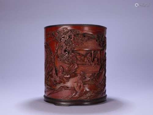A Chinese Bamboo Brush Pot With Story Pattern