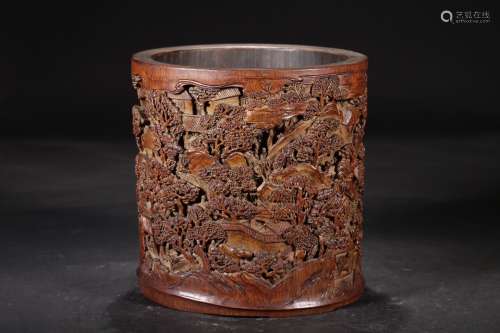 A Chinese Bamboo Brush Pot With Scene Carving