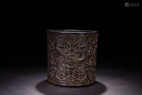 A Chinese Rosewood Brush Pot With Dragon Pattern