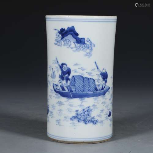 A Chinese Blue And White Brush Pot With Story Painting