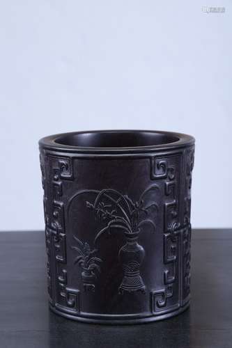 A Chinese Rosewood Brush Pot With Flower Pattern