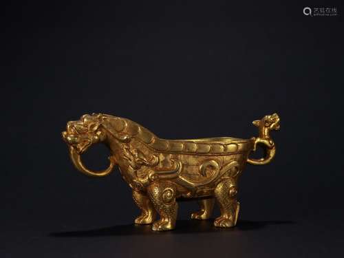 A Chinese Gilt Bronze Vessel With Beast Shape