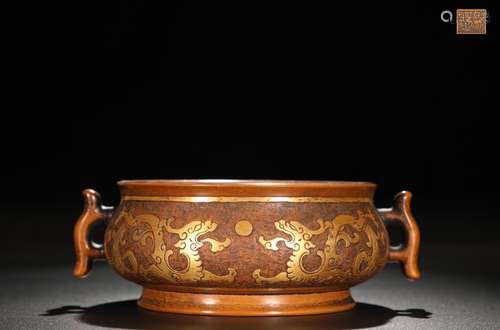 A Chinese Gilt Bronze Ear Censer With Dragon Pattern