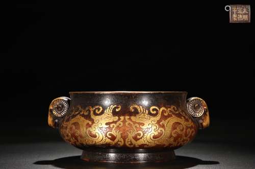 A Chinese Gilt Bronze Ear Censer With Beast Carving