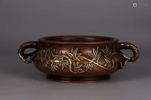 A Chinese Gilt Bronze Ear Censer With Bamboo Pattern