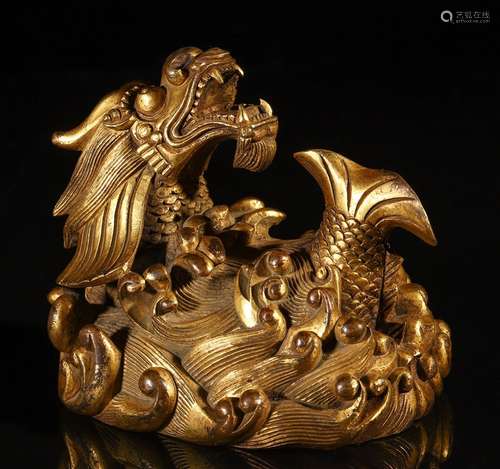 A Chinese Gilt Bronze Ornament With Dragon And Fish Carving