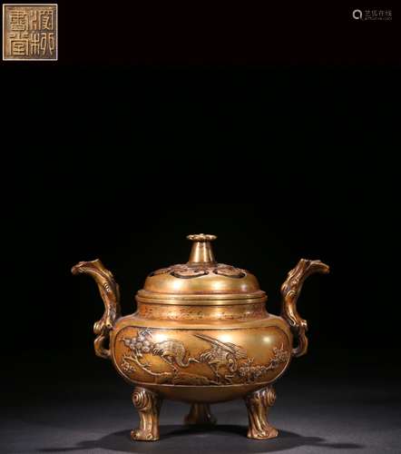 A Chinese Gilt Bronze Censer With Crane Pattern