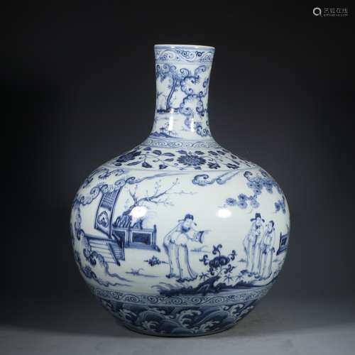 A Chinese Blue And White Bottle Vase With Story Painting