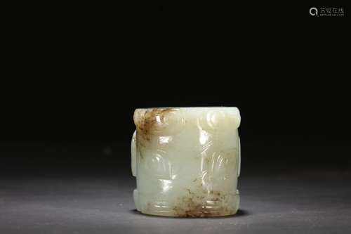 A Chinese Hetian Jade Ring With Beast Carving