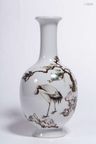 A Chinese Porcelain Famille Rose Crane Painting Flask