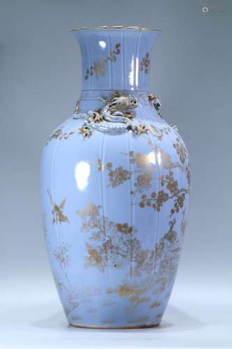 A Chinese Porcelain Blue Glazed Golden Dragon Vase